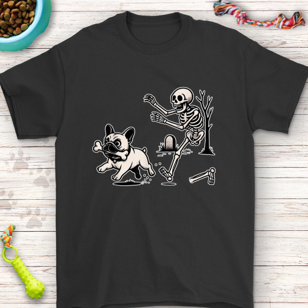 Funny French Bulldog Halloween Shirt with skeleton chasing dog design for dog lovers.