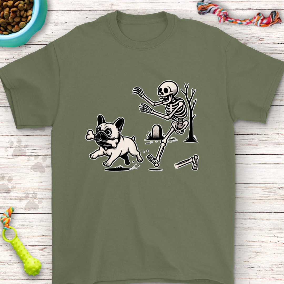 Funny French Bulldog Halloween Shirt with skeleton chasing a French Bulldog design.