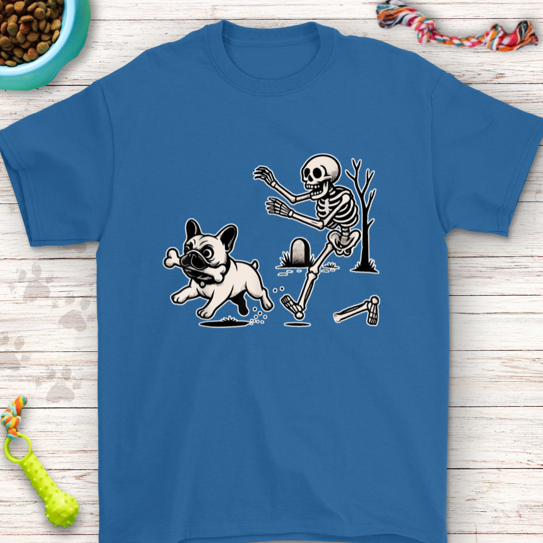 Funny French Bulldog Halloween Shirt with a skeleton chasing a French Bulldog design.
