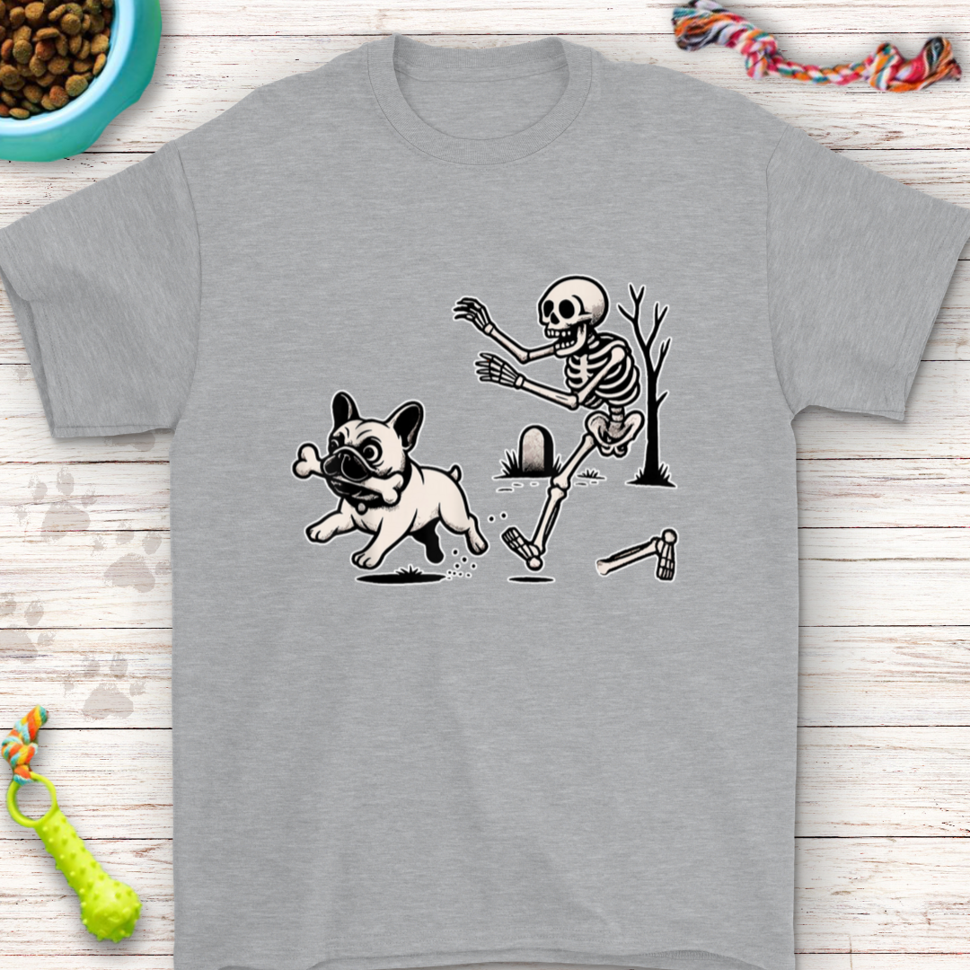 Funny French Bulldog Halloween Shirt with a skeleton chasing a French Bulldog design