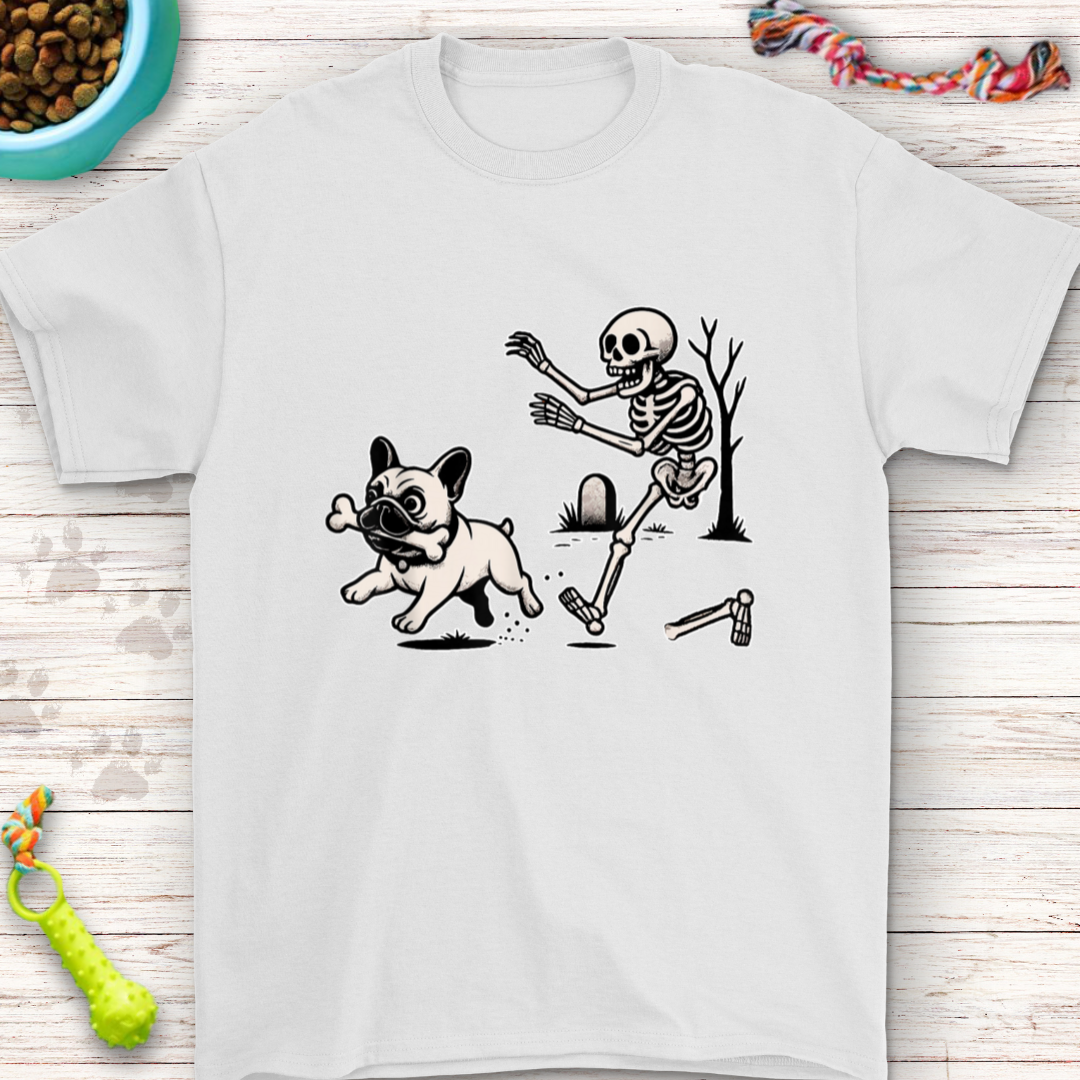 Funny Halloween shirt featuring a French Bulldog running from a skeleton, perfect for dog lovers.