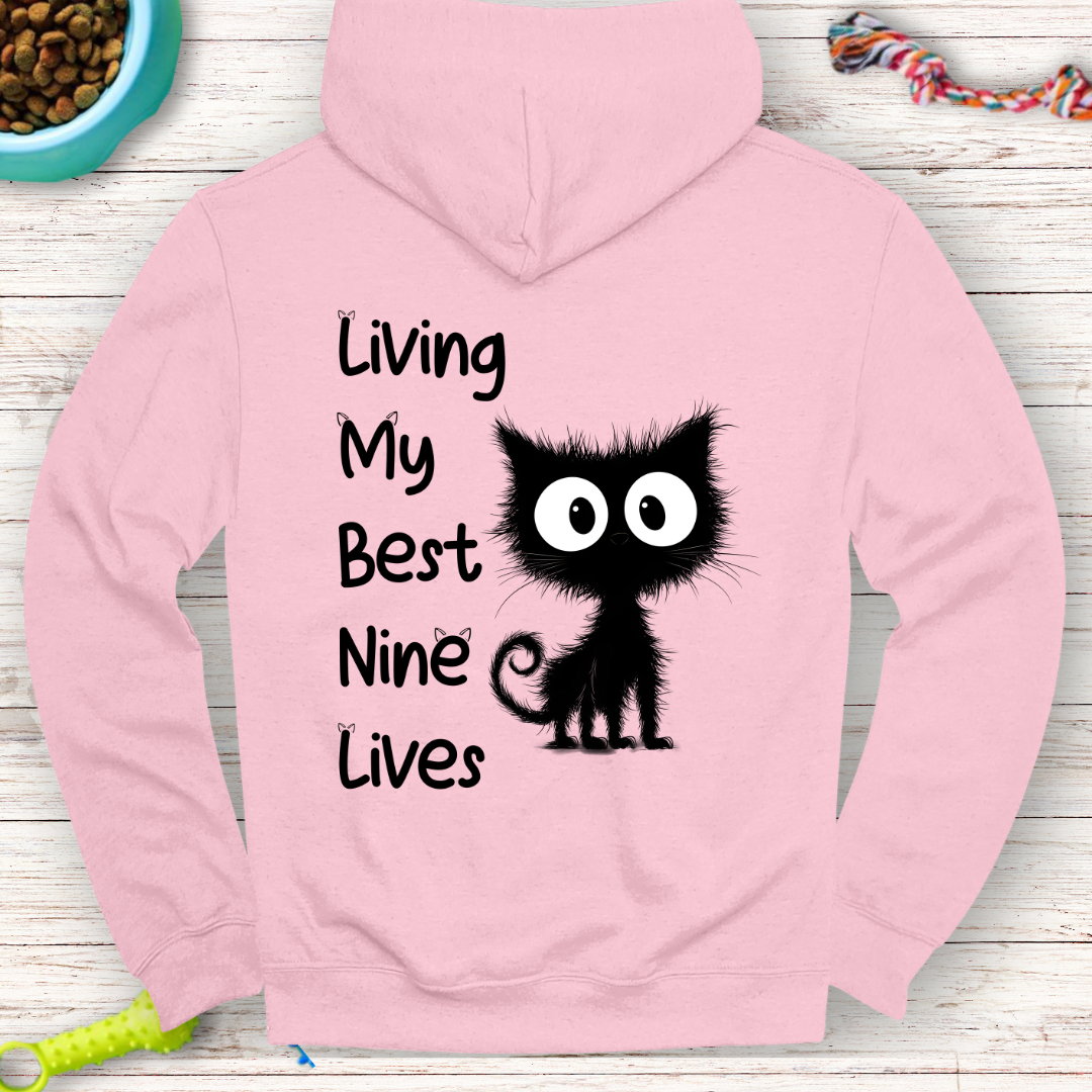 Living My Nine Lives Black Cat Hoodie – Cozy and Stylish