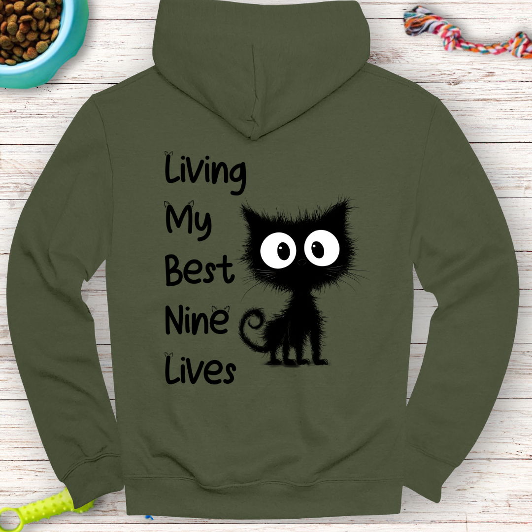 Living My Nine Lives Black Cat Hoodie – Cozy and Stylish