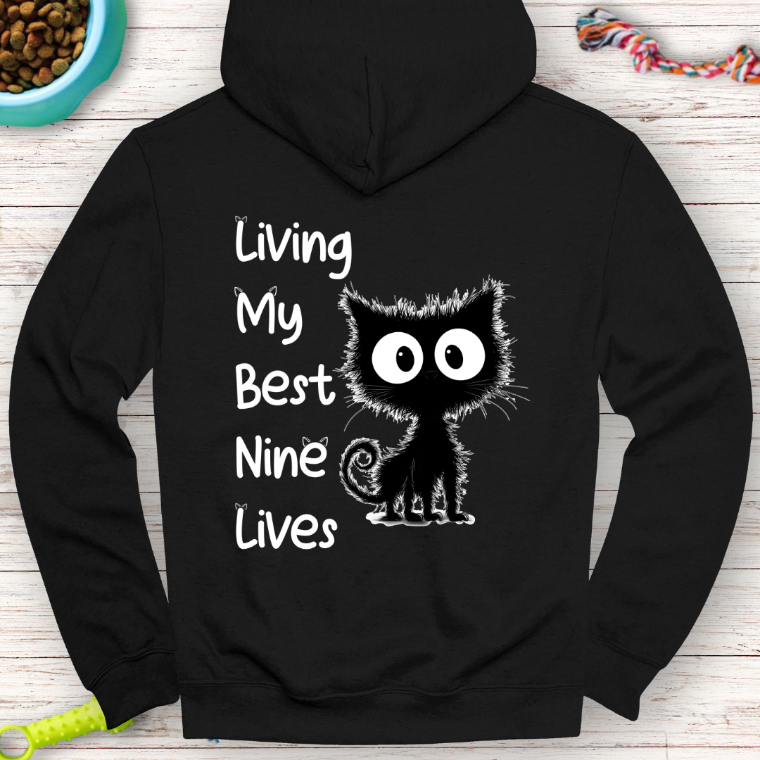 Living My Nine Lives Black Cat Hoodie – Cozy and Stylish