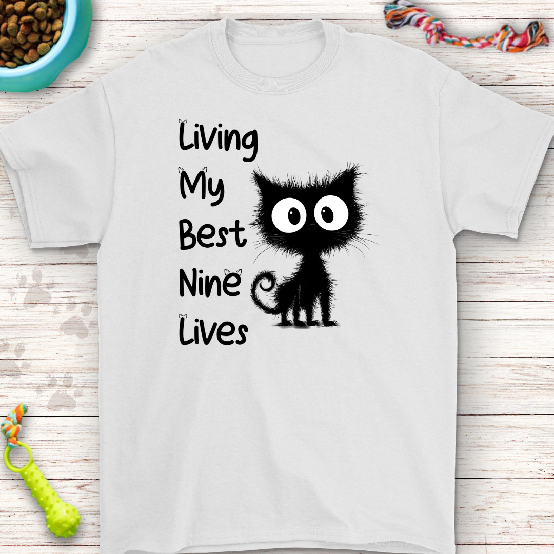 Living My Nine Lives Black Cat T-Shirt – Classic Fit Cotton Tee