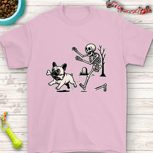 Funny French Bulldog Halloween Shirt featuring a playful Frenchie and skeleton design, perfect for dog lovers.