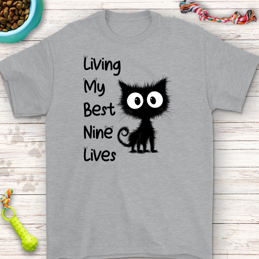 Living My Nine Lives Black Cat T-Shirt – Classic Fit Cotton Tee