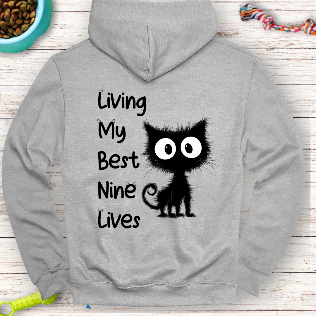 Living My Nine Lives Black Cat Hoodie – Cozy and Stylish