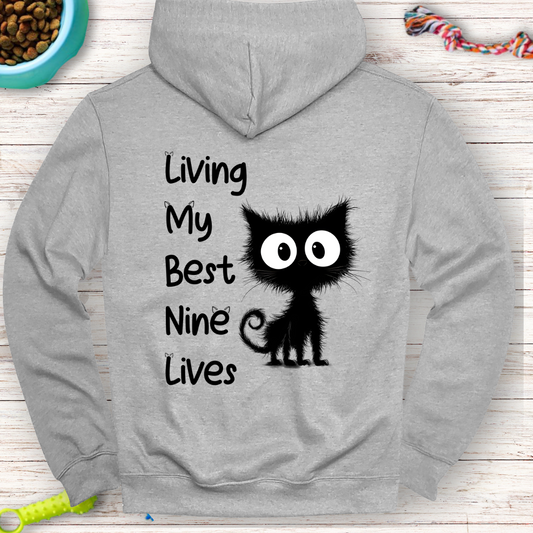 Living My Nine Lives Black Cat Hoodie – Cozy and Stylish
